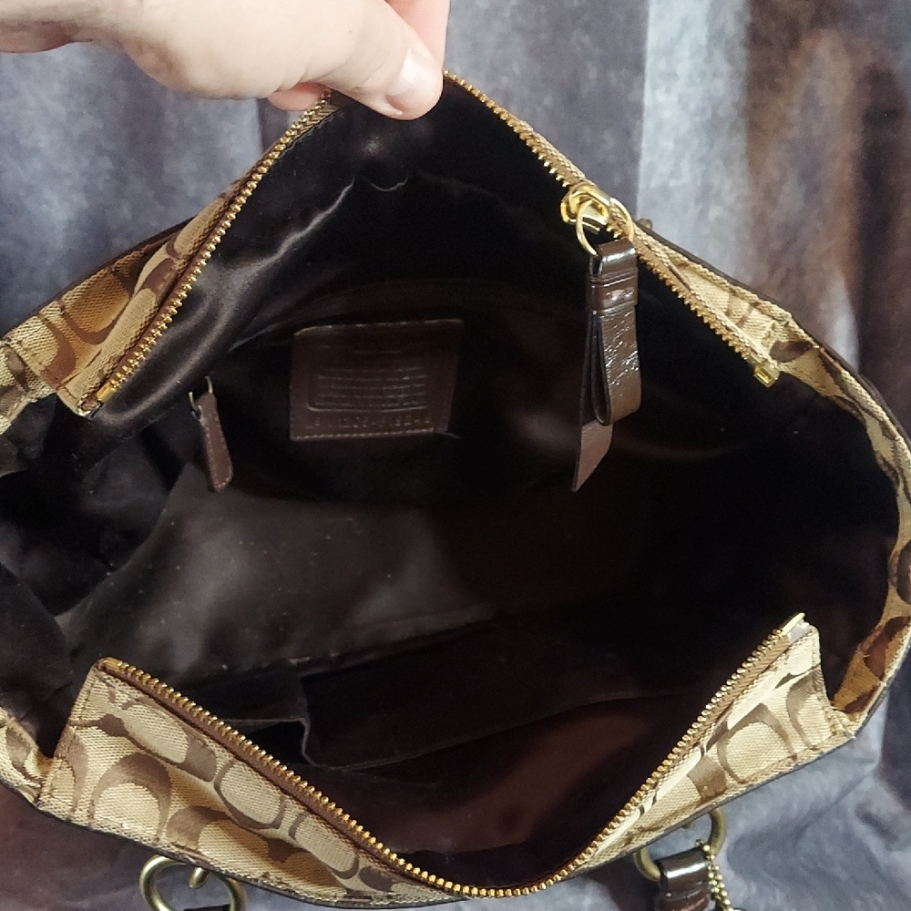 Coach Signature Demi Zip Shoulder Bag Khaki Brown Leather Jacquard Gold #19249 - Picture 11 of 12